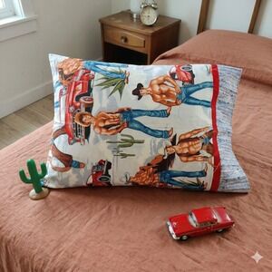 Unbranded Vintage Handmade Pillowcase Multicolor Cowboy Print Kitsch Beefcake